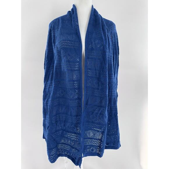 Joan Rivers Cardigan Sz L Open Crochet Knit Boho Beach Blue Lagenlook Shawl New - Picture 2 of 13